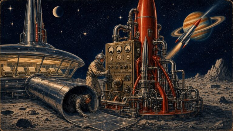 Pulp sci-fi illustration of a moon-base industrial plant with chrome pipes and a brass control panel, an engineer at the dials while an intruder crawls through a duct from an office dome