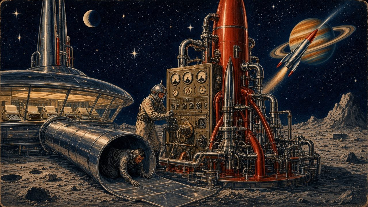 Pulp sci-fi illustration of a moon-base industrial plant with chrome pipes and a brass control panel, an engineer at the dials while an intruder crawls through a duct from an office dome