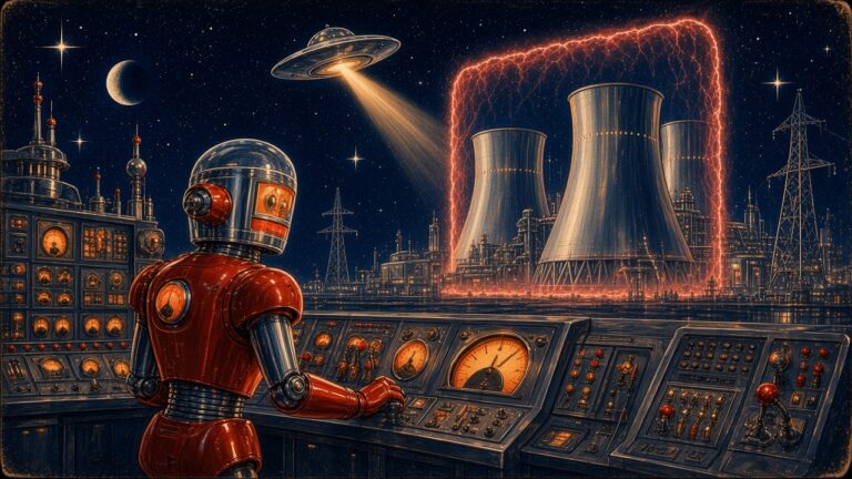 1950s pulp-style illustration of a red robot engineer at a power station control console, with the cooling towers ringed by a glowing red energy wall as a flying saucer's beam probes from a navy night sky.