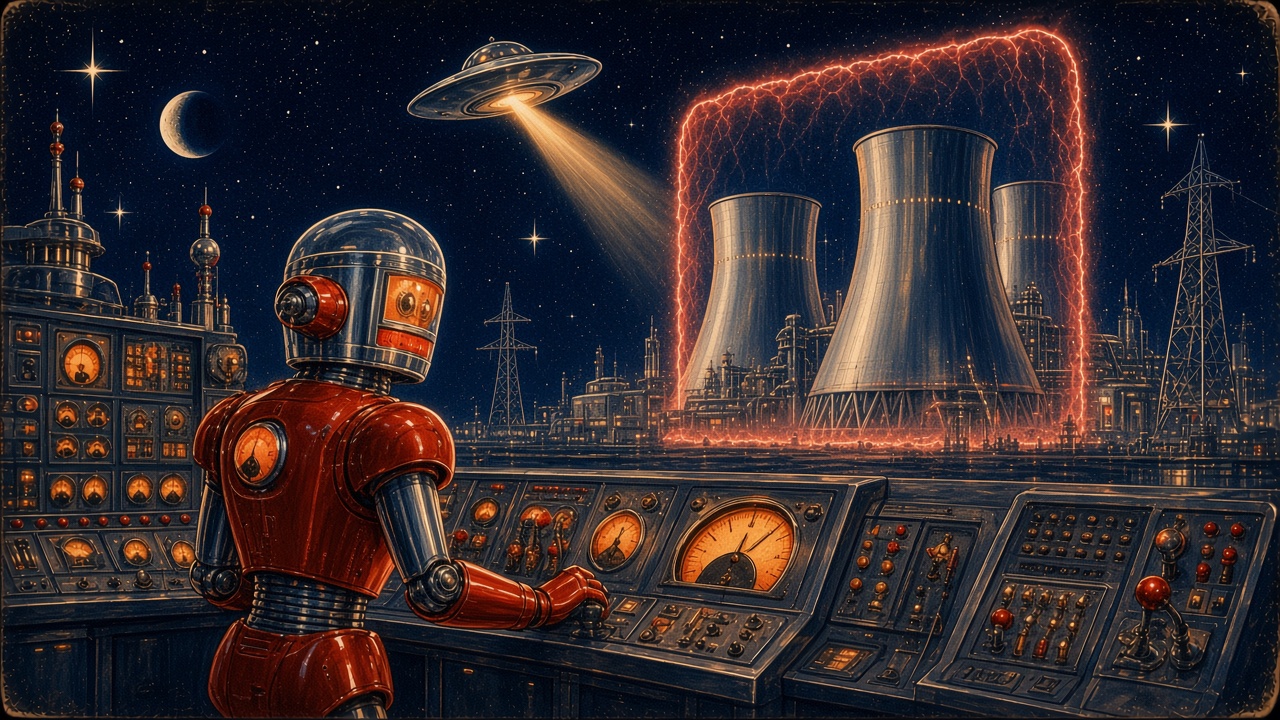 1950s pulp-style illustration of a red robot engineer at a power station control console, with the cooling towers ringed by a glowing red energy wall as a flying saucer's beam probes from a navy night sky.