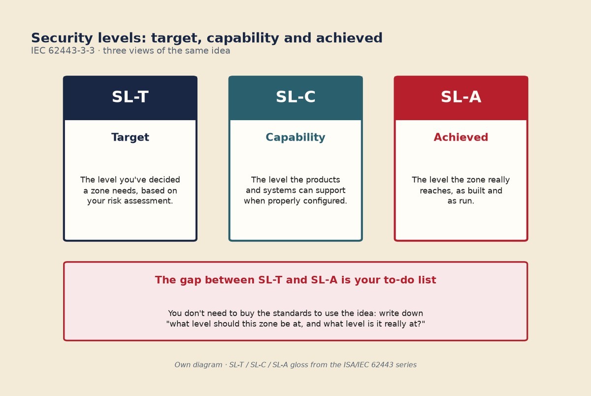Comparison graphic of IEC 62443 security levels SL-T target, SL-C capability and SL-A achieved