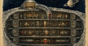 Pulp sci-fi illustration of a layered moon-base factory, each deck sealed by chrome bulkheads with a single guarded airlock tube linking the office dome to the plant