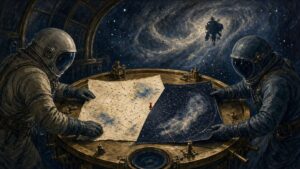 Pulp sci-fi illustration of two spacesuited cartographers overlaying brass star charts, with a single red pin marking a point