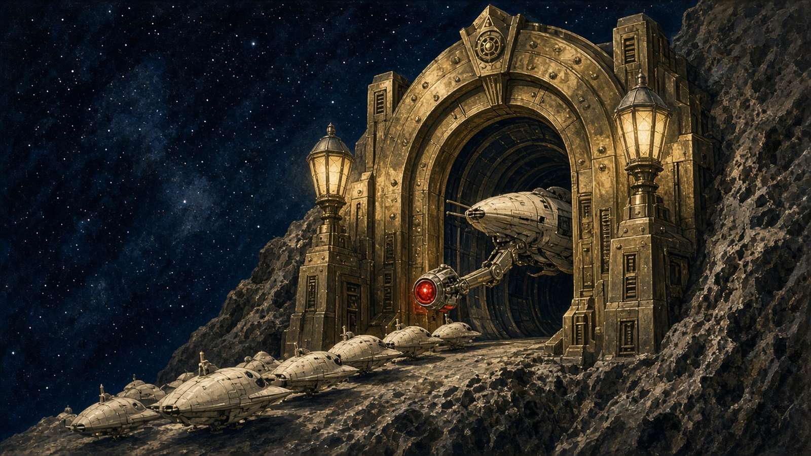 Pulp-style illustration of a spaceship slipping through a brass asteroid gateway holding a red token