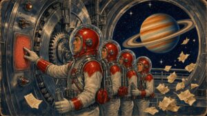 Pulp sci-fi illustration of four space explorers queueing at a chrome vault door, the first pressing a glowing red fingerprint pad while paper notes drift away into space