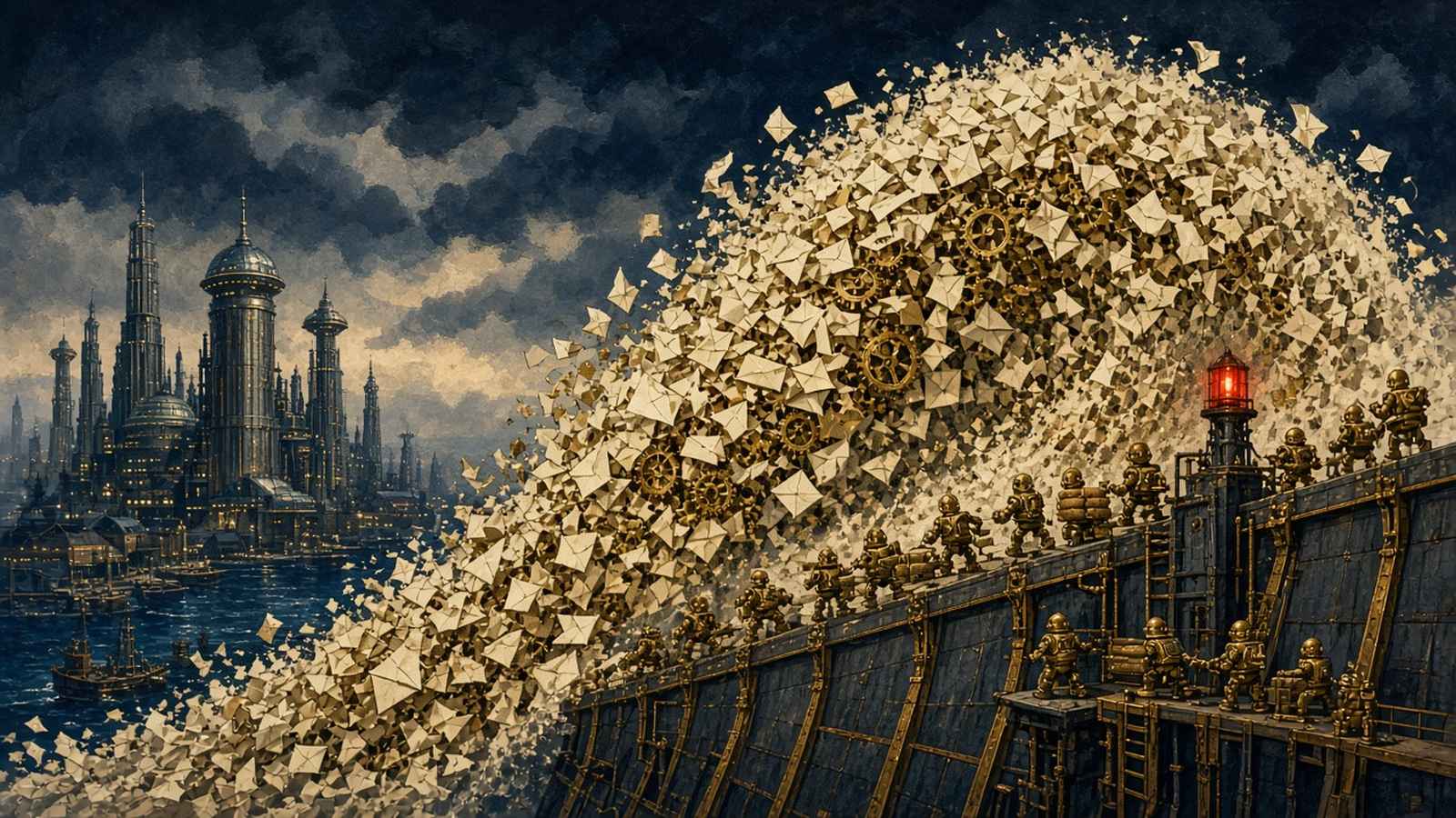 Pulp-style illustration of a wave of envelopes and cogs breaking over a sea wall manned by robots, with a red beacon