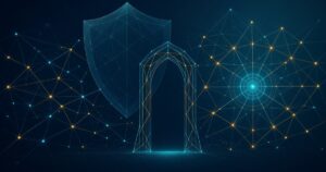 Abstract defensive graphic: network gateway bridging to an internal hub with a geometric shield, no text