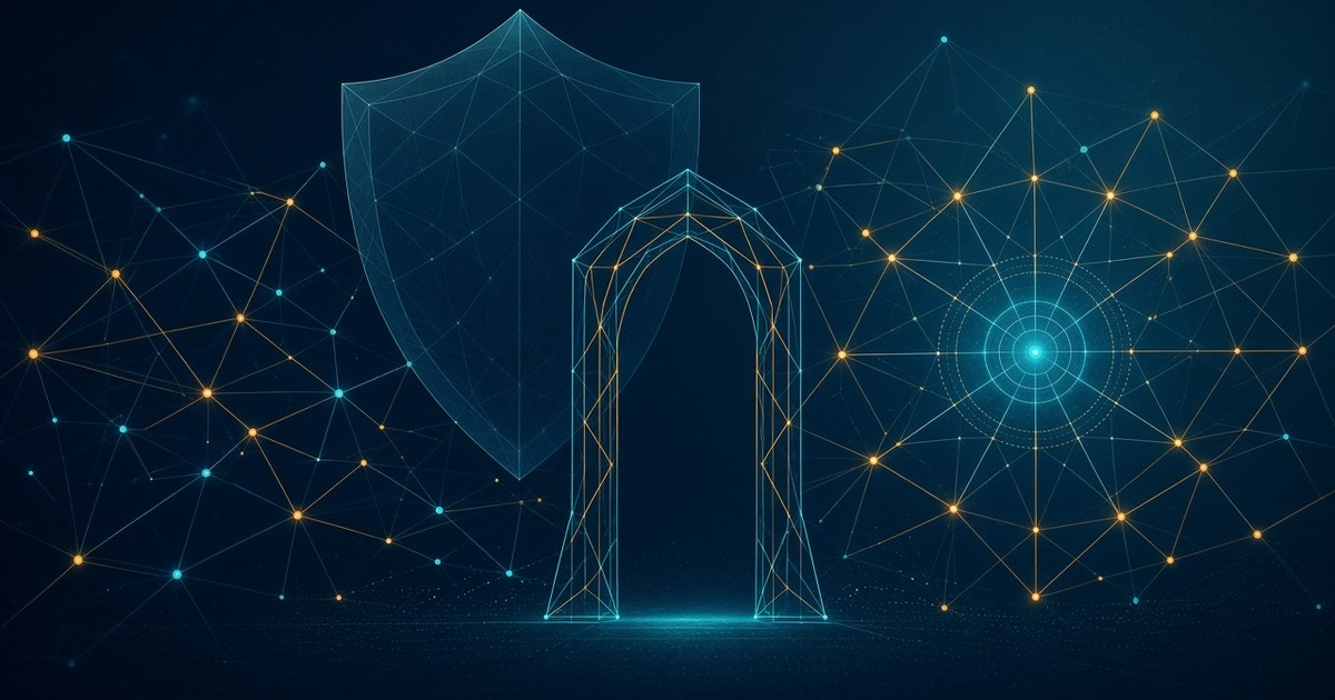 Abstract defensive graphic: network gateway bridging to an internal hub with a geometric shield, no text