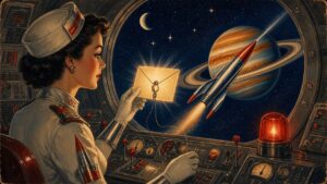 Pulp sci-fi illustration of a uniformed woman at a spaceship console holding up a glowing envelope with a fishing hook attached, a red warning lamp flashing beside her