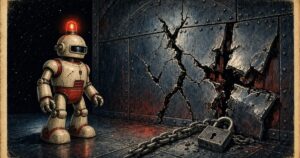 1950s pulp-style illustration of a cream and red warning robot with beacon before a cracked firewall bulkhead in starry space, navy red and chrome on aged paper, no text