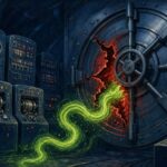Pulp sci-fi illustration of a mainframe vault door cracked open by a glowing green snake of code