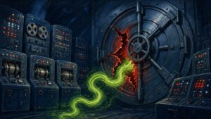 Pulp sci-fi illustration of a mainframe vault door cracked open by a glowing green snake of code