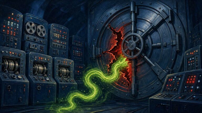 Pulp sci-fi illustration of a mainframe vault door cracked open by a glowing green snake of code
