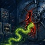 Pulp sci-fi illustration of a mainframe vault door cracked open by a glowing green snake of code