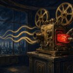 Pulp-style illustration of a robot hand sliding a red cartridge into a brass projector
