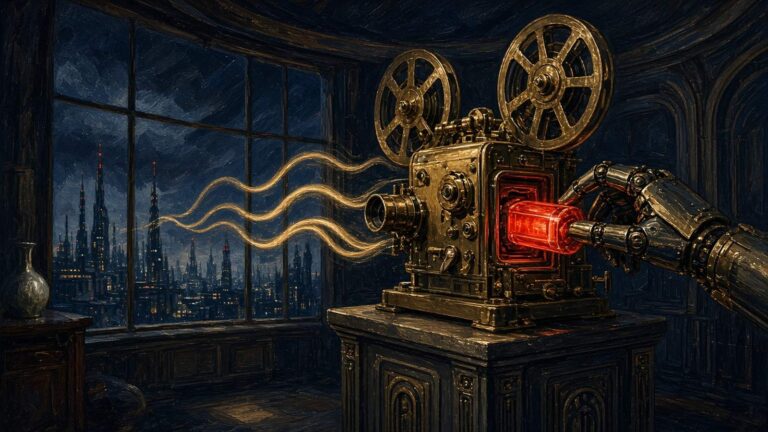 Pulp-style illustration of a robot hand sliding a red cartridge into a brass projector