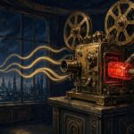 Pulp-style illustration of a robot hand sliding a red cartridge into a brass projector