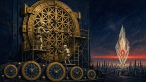 Pulp-style illustration of robots refitting a lattice-patterned vault door around a crystal glowing red