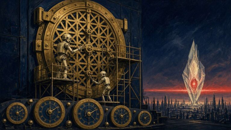 Pulp-style illustration of robots refitting a lattice-patterned vault door around a crystal glowing red