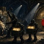 Pulp-style illustration of robots looting a vault of tape reels beneath a red padlock