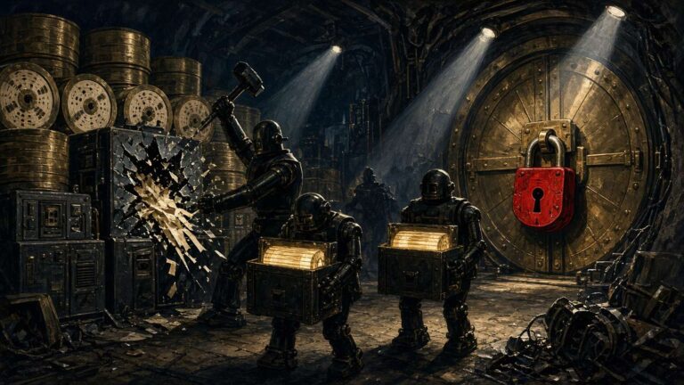 Pulp-style illustration of robots looting a vault of tape reels beneath a red padlock