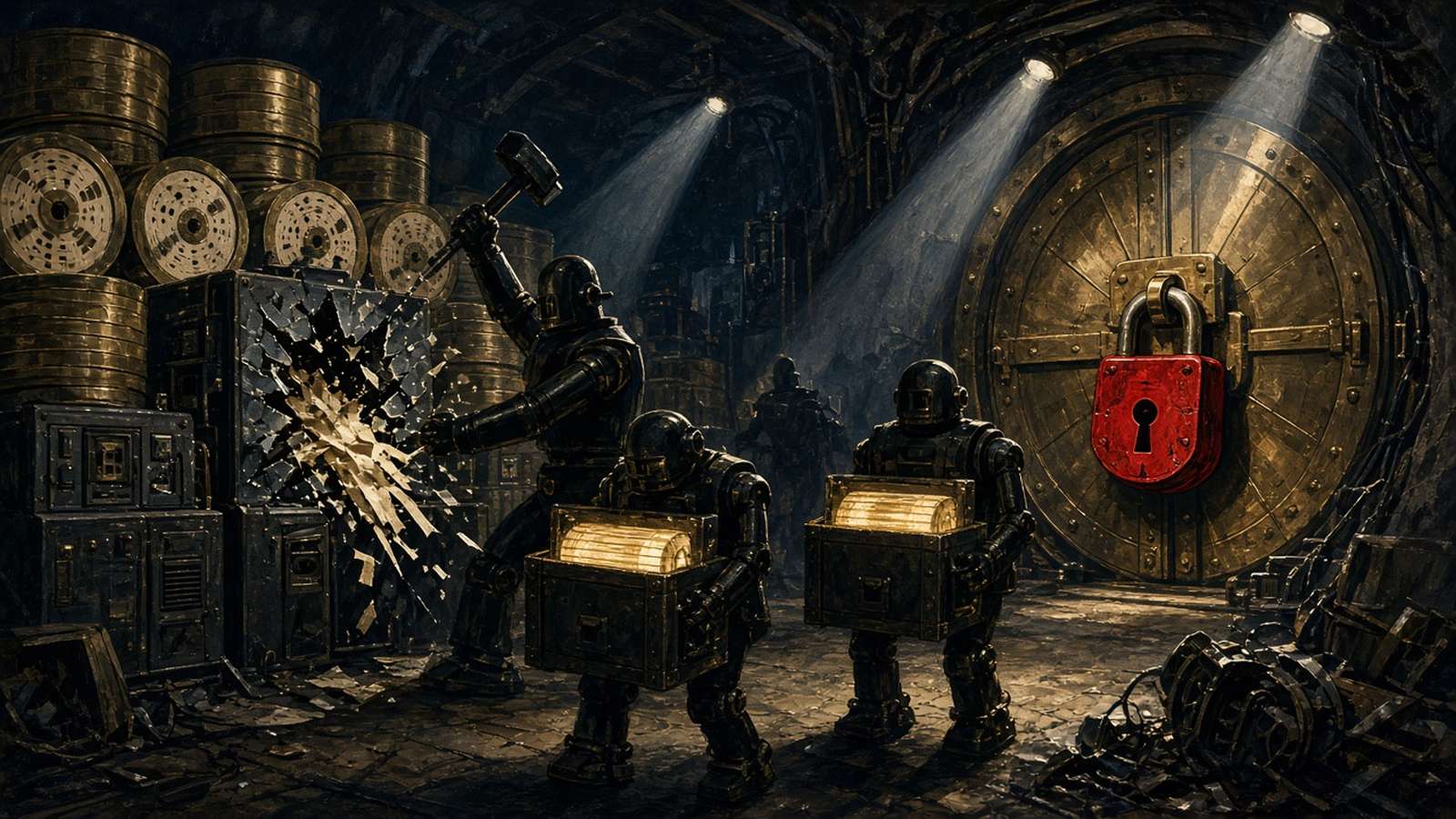 Pulp-style illustration of robots looting a vault of tape reels beneath a red padlock