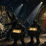 Pulp-style illustration of robots looting a vault of tape reels beneath a red padlock