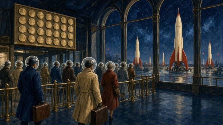Pulp sci-fi illustration of a retro rocket-port concourse with travellers in bubble helmets beneath a great departures arch