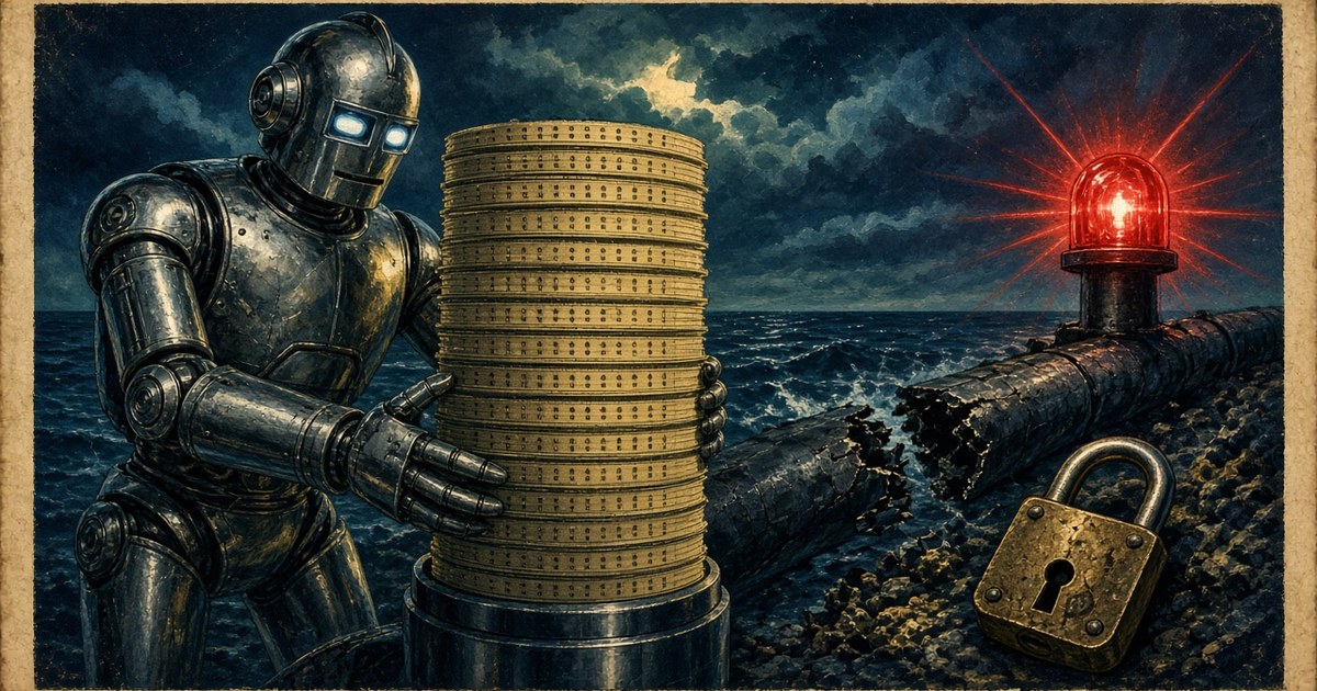 1950s pulp illustration of a chrome robot shielding a tower of glowing punch-cards beside a cracked undersea cable and brass padlock under a red beacon, navy teal on aged paper, no text
