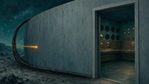 Pulp sci-fi illustration of a tiny glowing data packet travelling along a thick cable that loops round the end of an intact concrete wall and runs through a doorway into a calm, empty 1950s control room with dials and dark screens