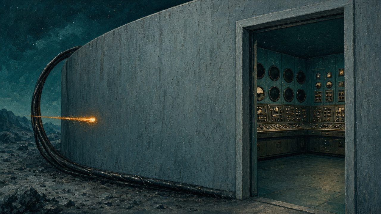 Pulp sci-fi illustration of a tiny glowing data packet travelling along a thick cable that loops round the end of an intact concrete wall and runs through a doorway into a calm, empty 1950s control room with dials and dark screens