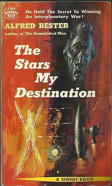 Richard Powers Signet 1957 The Stars My Destination cover: anguished face, jaunting figure, rocket