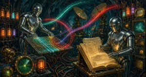 1950s pulp twin chrome sentinels in a network bunker: one tends a glowing tripwire lattice, the other catalogs luminous protocol scrolls at a brass ledger