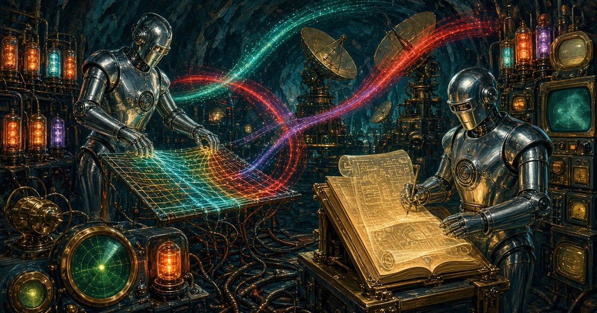 1950s pulp twin chrome sentinels in a network bunker: one tends a glowing tripwire lattice, the other catalogs luminous protocol scrolls at a brass ledger