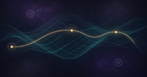 Abstract defensive graphic: luminous mesh overlay network with secure tunnel arcs between endpoint nodes, no text