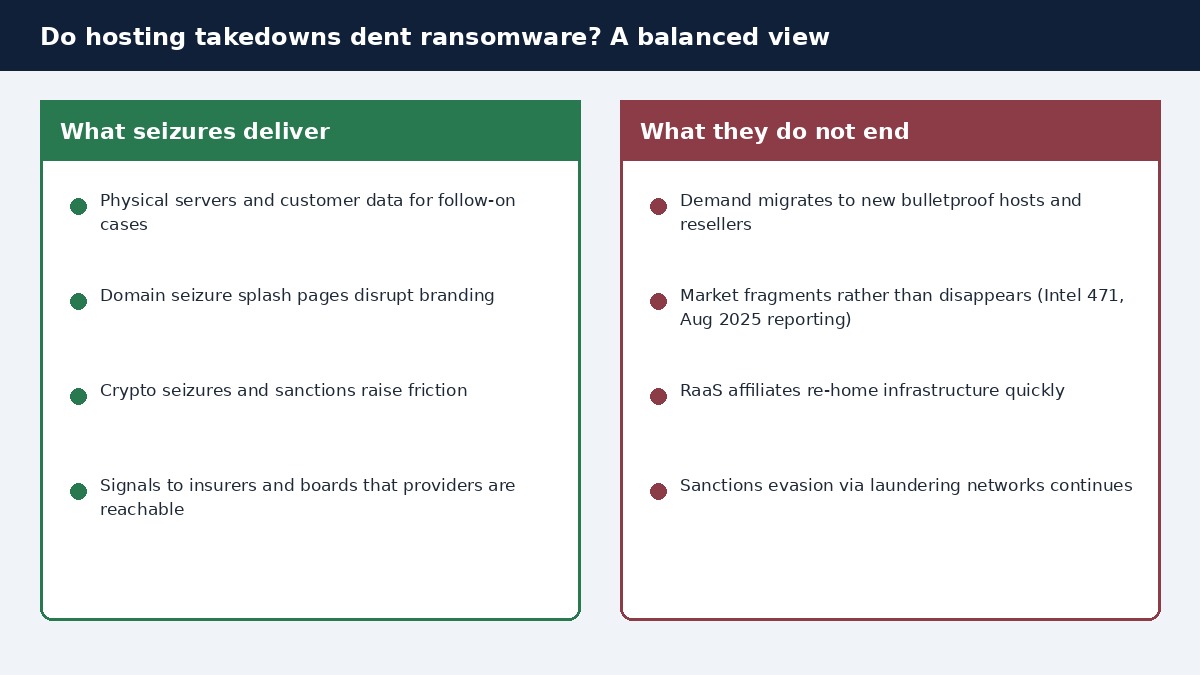 Balanced two-column view of what hosting seizures deliver and what they do not end, including market fragmentation.
