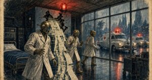 1950s pulp illustration of brass hospital robots beside cascading data scrolls, with vintage ambulances outside under a red beacon