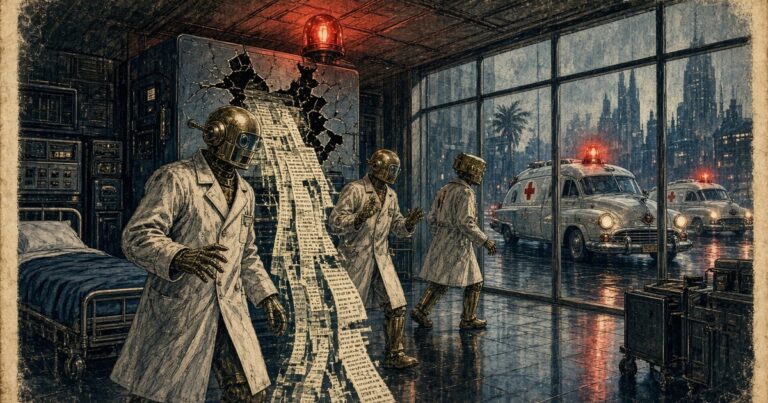 1950s pulp illustration of brass hospital robots beside cascading data scrolls, with vintage ambulances outside under a red beacon