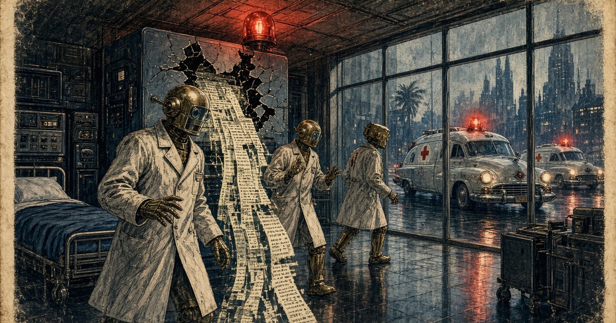 1950s pulp illustration of brass hospital robots beside cascading data scrolls, with vintage ambulances outside under a red beacon
