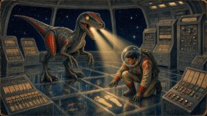1950s pulp-style illustration of a mechanical velociraptor shining a throat spotlight onto glowing footprints while a bubble-helmeted astronaut kneels in a starship control room, navy red and chrome on aged paper