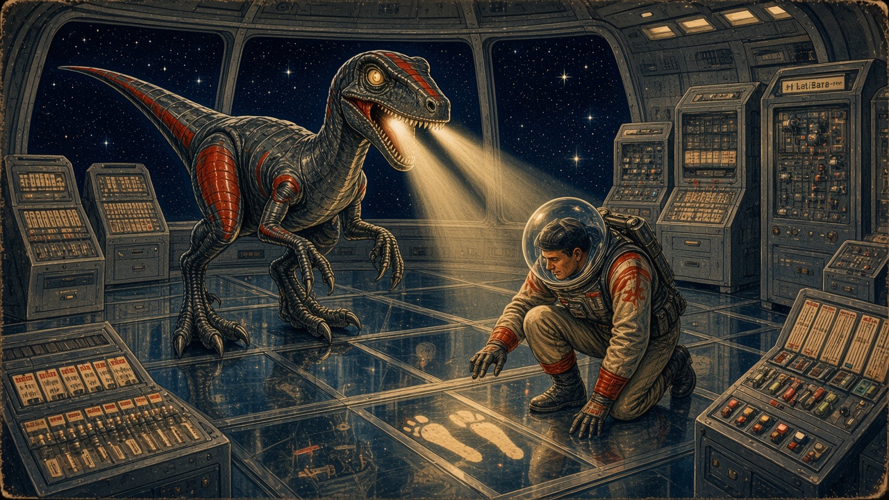 1950s pulp-style illustration of a mechanical velociraptor shining a throat spotlight onto glowing footprints while a bubble-helmeted astronaut kneels in a starship control room, navy red and chrome on aged paper