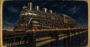 1950s pulp-style chrome locomotive built from router parts crossing a bridge of glowing network hops at night, navy red and chrome on aged paper, no text
