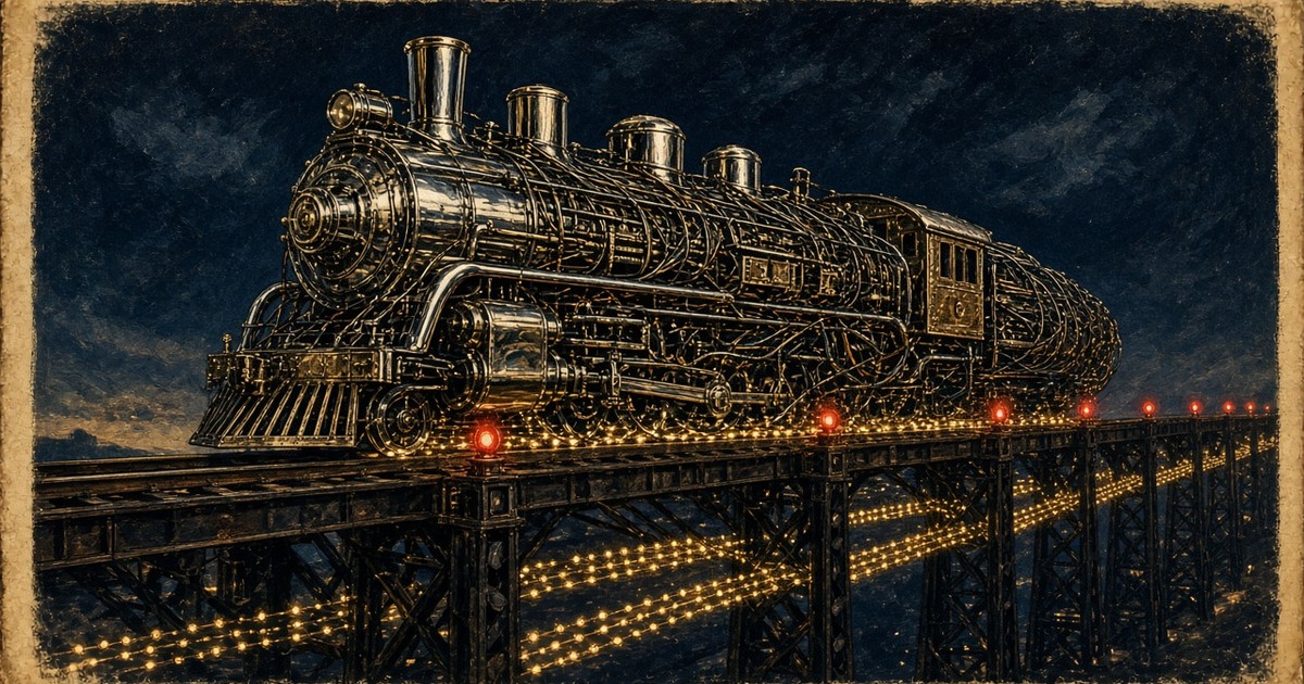 1950s pulp-style chrome locomotive built from router parts crossing a bridge of glowing network hops at night, navy red and chrome on aged paper, no text