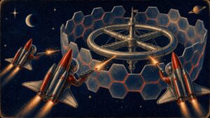 Retro pulp illustration of red-and-chrome rocket raiders firing ray guns at a wall of chrome hexagonal shields around a space station