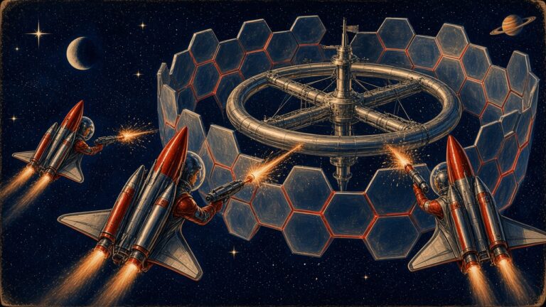 Retro pulp illustration of red-and-chrome rocket raiders firing ray guns at a wall of chrome hexagonal shields around a space station