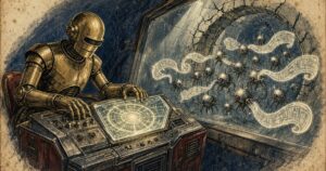 1950s pulp illustration of a brass robot at a console while spy drones siphon glowing agent-trace scrolls through cracked glass
