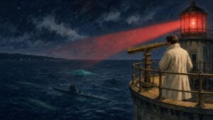 Pulp sci-fi illustration of a lighthouse keeper scanning the sea through a brass telescope as a red beam picks out distant submarines