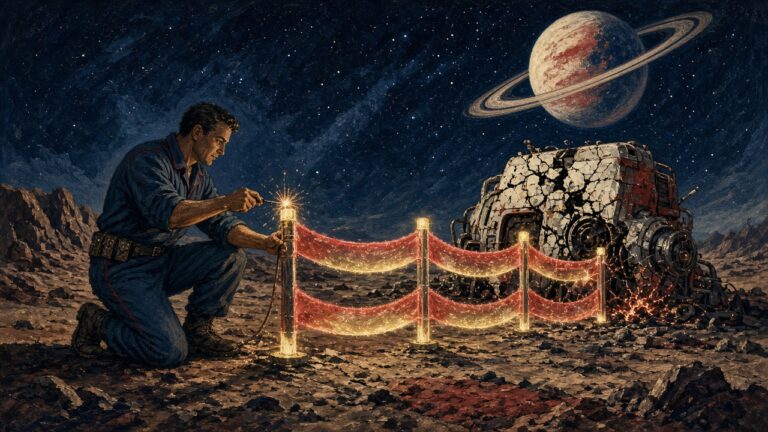 Pulp-style illustration of a rocket-age engineer building a fence of glowing barriers around a cracked, sparking machine that no one can repair