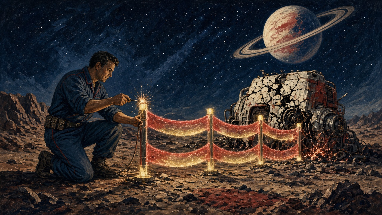 Pulp-style illustration of a rocket-age engineer building a fence of glowing barriers around a cracked, sparking machine that no one can repair