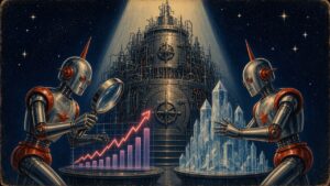 1950s pulp-style illustration of two chrome robots with red stars studying holographic charts and crystal data models beside a towering riveted cloud machine under a spotlight in starry space, navy red and chrome on aged paper